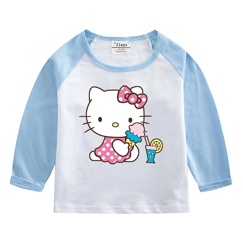 thumbnail image 1 of Hello Kitty-Camiseta de algodón puro para niños, camiseta que absorbe la humedad, Tops contrastantes dulces a la moda, camisetas deportivas informales de manga larga para bebé, 1 of 5