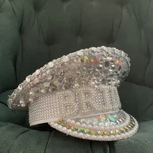 Handmade Women Sequin Burning Military Hat Luxury Silver Captain Sergeant Hat Rhinestone Bride Festival Part Hat