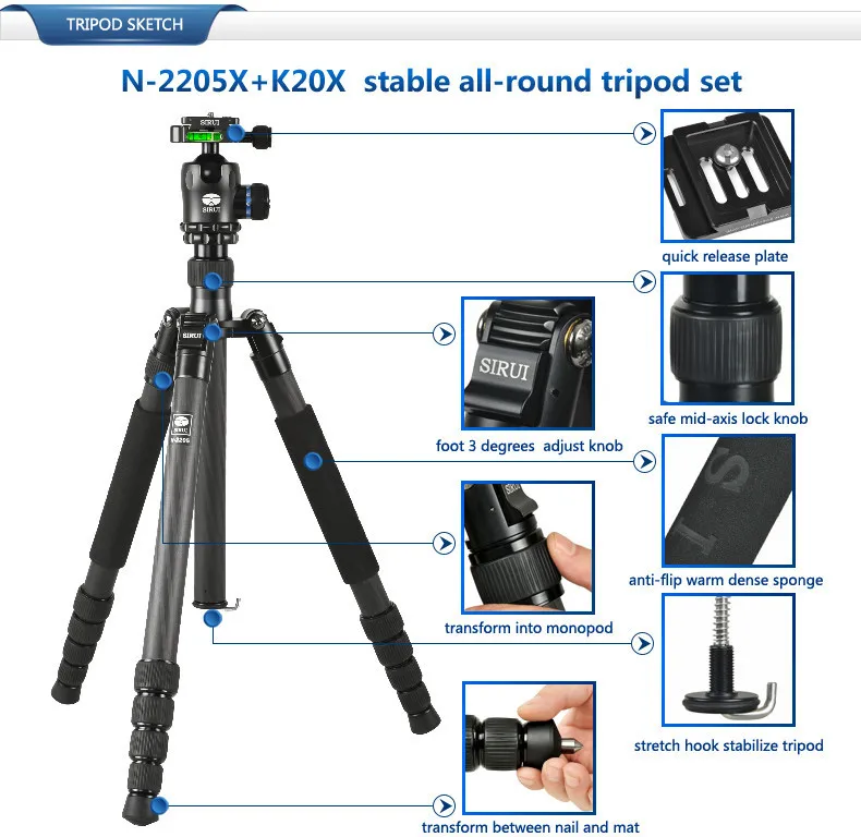 N2205x+k20x Sirui Carbon Tripod+ball Head+quick Release Plate Kit