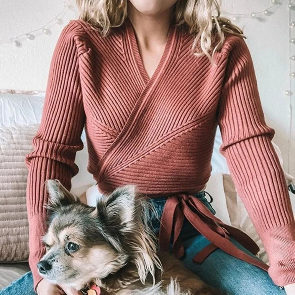 Solid Women Autumn Sweater Tops Bandage 2019 Fashion Chic Lady High Street Female Knitted Black Korean Basic Shirts | Женская одежда