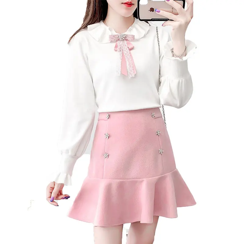 

2021 Spring Autumn Women Outfit Sweet Bowknot Agaric Edge Sweater With Drill Woolen Cloth Skirt 2 Pcs Set Leisure