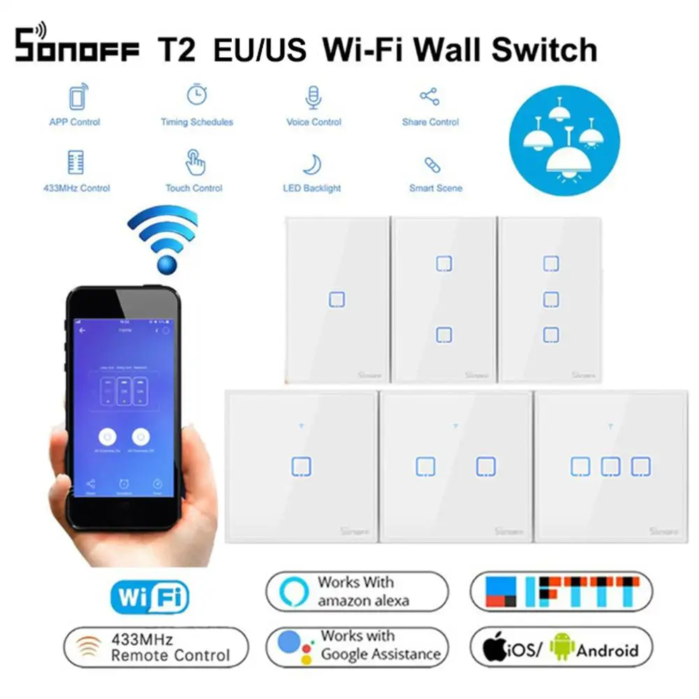 SONOFF умный Wifi сенсорный настенный выключатель света с границей TX T2 умный дом банды 433 RF/Голосовое управление работает с Alexa светодиодный переключатель