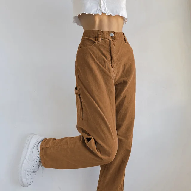 Brown Corduroy High Waist Pants Women Streetwear Elegant Spring Autumn Long Trousers