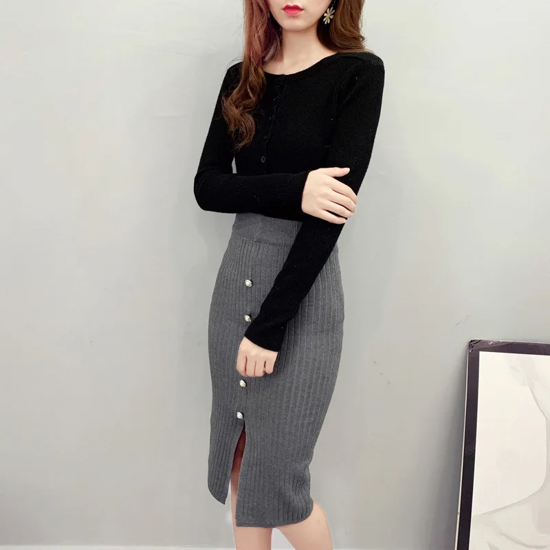 Горячая дикая сплошной цвет Кнопка разрез Bodycon Юбка тонкая Повседневная Высокая талия длиной до колена юбка для женщин