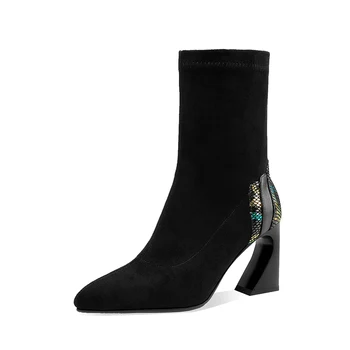 

Women Ankle Boots High Heels mixed colors suede leather Dancing Shoes Woman Elegant Female Winter Chelsea Boots Shoes