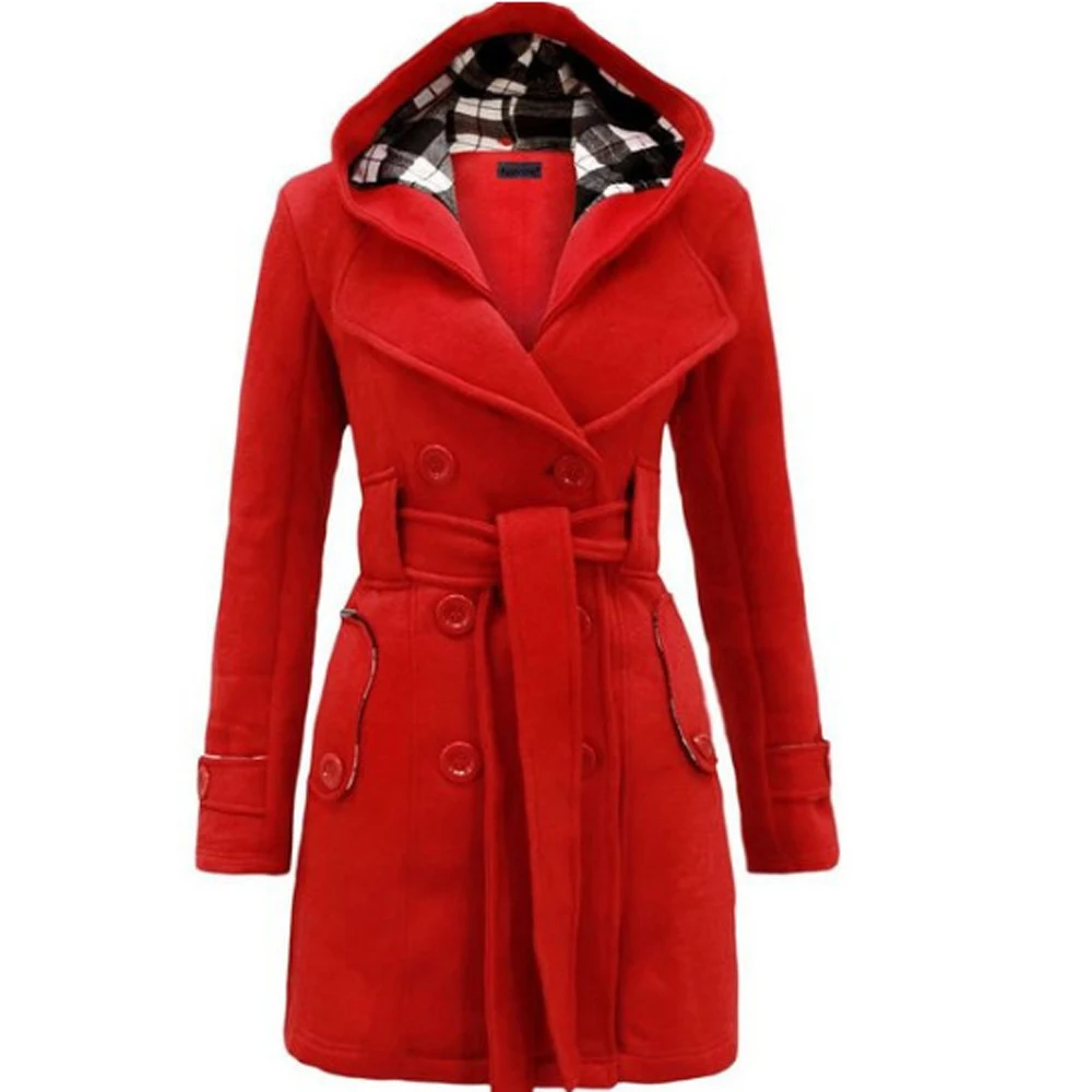 

women's woolen windbreaker Overcoat jacket coats Red S-3XL autumn and winter long windbreaker wool blends coats with Slash