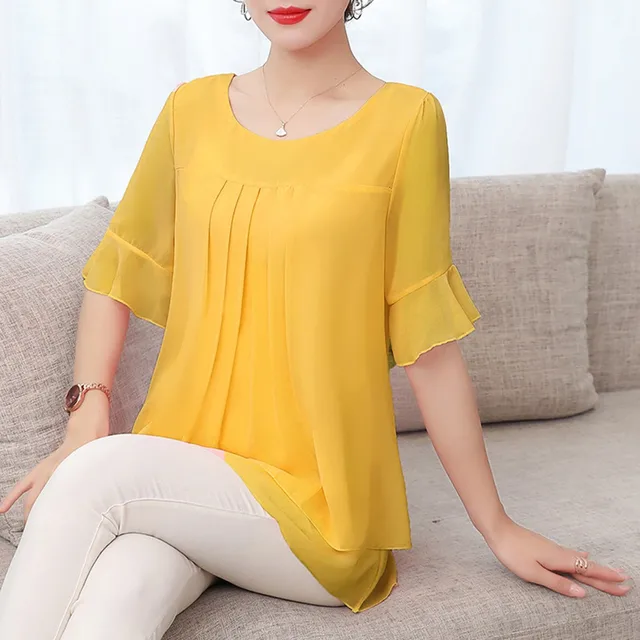 Lady Solid Color Blouse Women Yellow Fashion Top Chiffon Short Sleeve Casual Shirt Blouse Elegant Office Wear Femme
