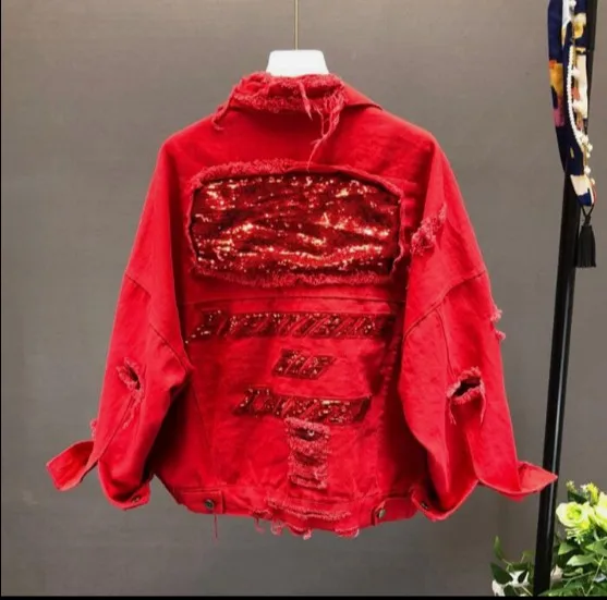 

2019 Autumn Sequins Red Denim Coat Women's Spring Loose Short Hole Jacket Female Student BF Wind Black Jeans Coat Overcoats