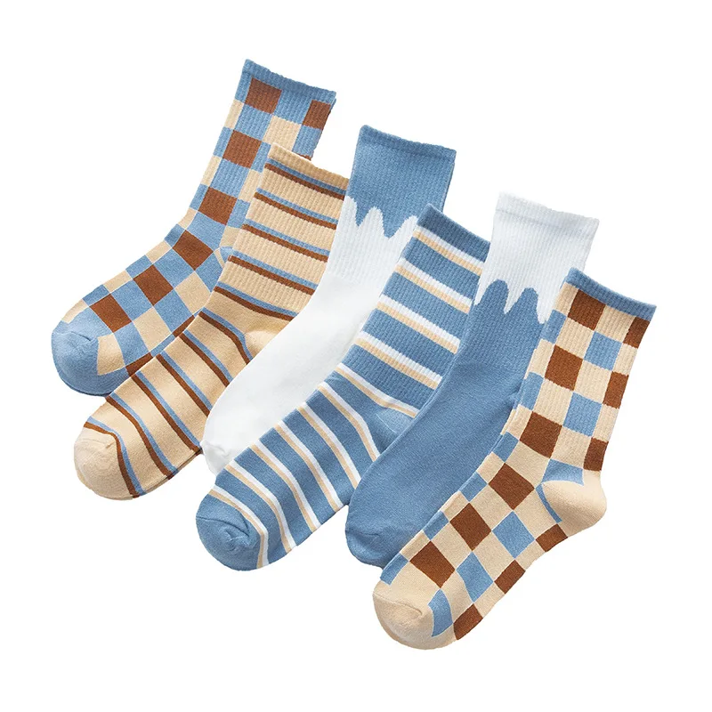 

5 Pairs Classic Cotton Socks Women Elegant Pattern Plaid Stripe Multi-color Blue Khaki White Crew Sock Retro Style