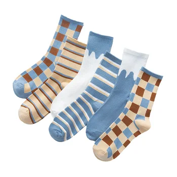 

5 Pairs Classic Cotton Socks Women Elegant Pattern Plaid Stripe Multi-color Blue Khaki White Crew Sock Retro Style