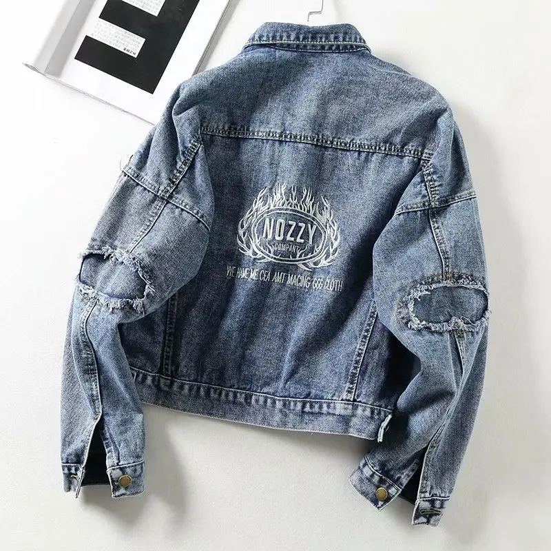 

26ys-313 Europe And America WOMEN'S Dress 2019 Spring And Autumn New Style Fold-down Collar Lettered Embroidered Cowboy Jacket W