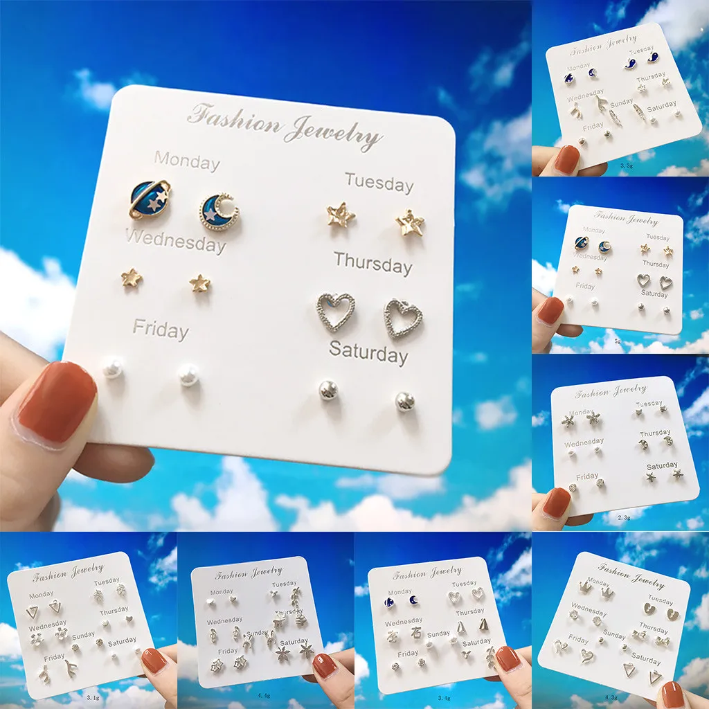 

6 Pairs Of Simple Travel Set Earrings Girls Silver Crystal Rhinestone Pearl Female Ear Stud Jewelry Elegant Heart Earrings SetD