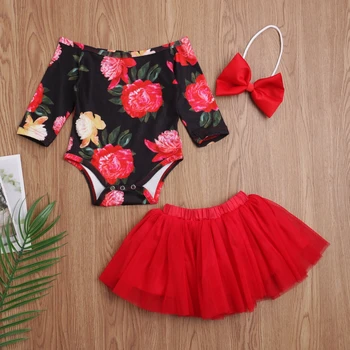 

Sweet Floral Flower Long Sleeve Romper Jumpsuit+Tutu Mesh Mini Skirt+Headband Outfit Costume 3PCS Newborn Baby Girl Clothes Set