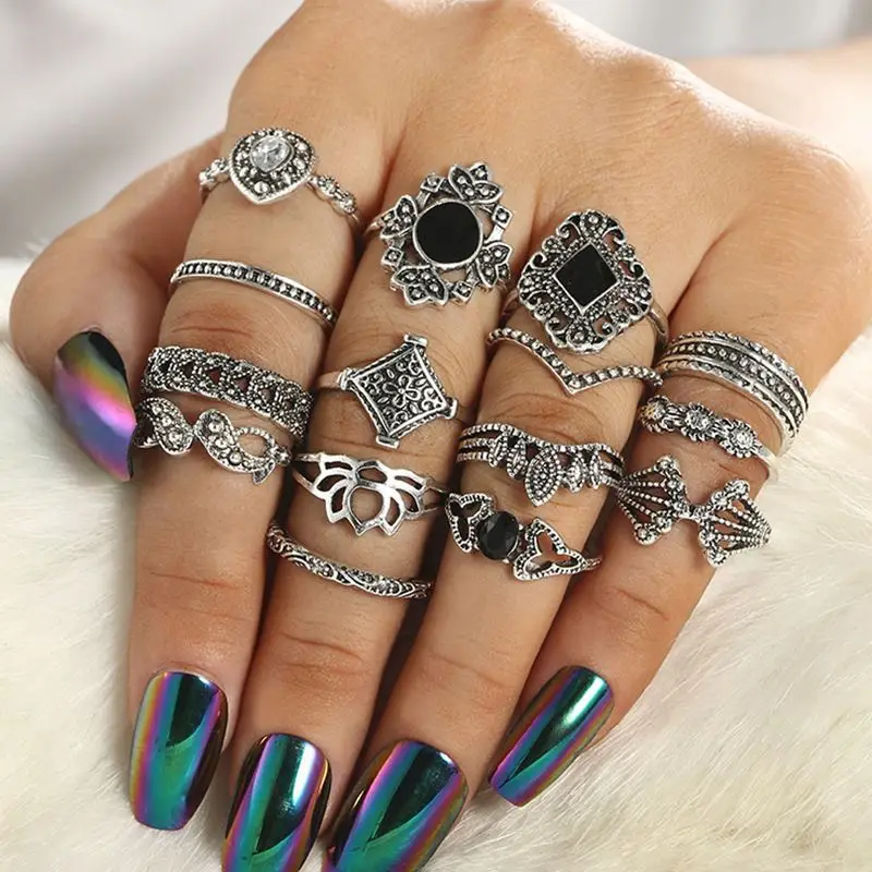 

Cool Fashion-Style Hollow out Lotus Sunflower Geometry Black Stones 15 Pieces Ring a Set of 15 Ri