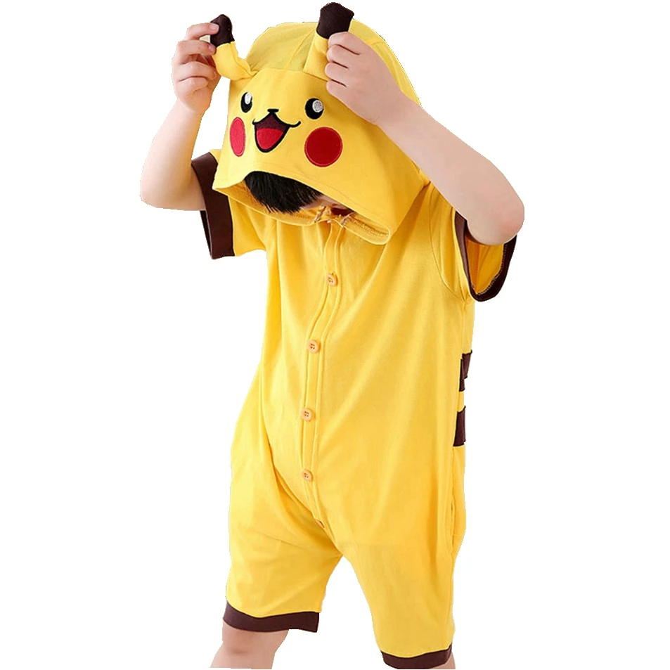 

Cartoon Kigurumi Costume Yellow Kids Cosplay Onesie Summer Boy Girl Short Sleeve Anime Animal Cotton Pajama Hoodie Sleepwear