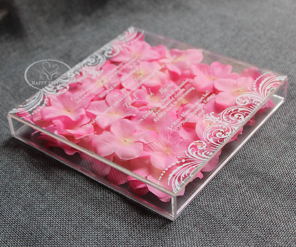 HI4081-06 Fantastic Clear Acrylic Box Invitation with Pink Flowers Decorations with White Writing Factory Price Made in China