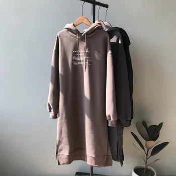 

2019 Women hooded Dress Autumn Winter long Dresses Female Casual Pullover loose Side split Plus velvet femme Vestido Outwear