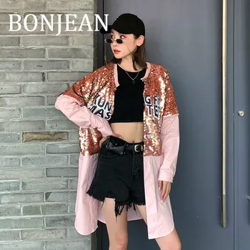 

BONJEAN Pink Shirt with Sequin 2019 Autumn Tops and Blouses Letters Print Long Shirt for Women Clothing Chemise Femme BJ1722