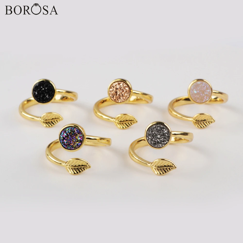 

BOROSA New Natural Agates Titanium Gold Druzy Adjustable Ring Women Black Open Ring with Gold Leaf Fashion Party Gifts ZG0437