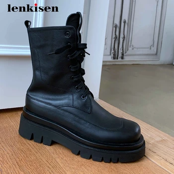 

Lenkisen 2020 winter new boots real cow leather platform round toe thick med heel lace up young girls fashion mid-calf boots L88