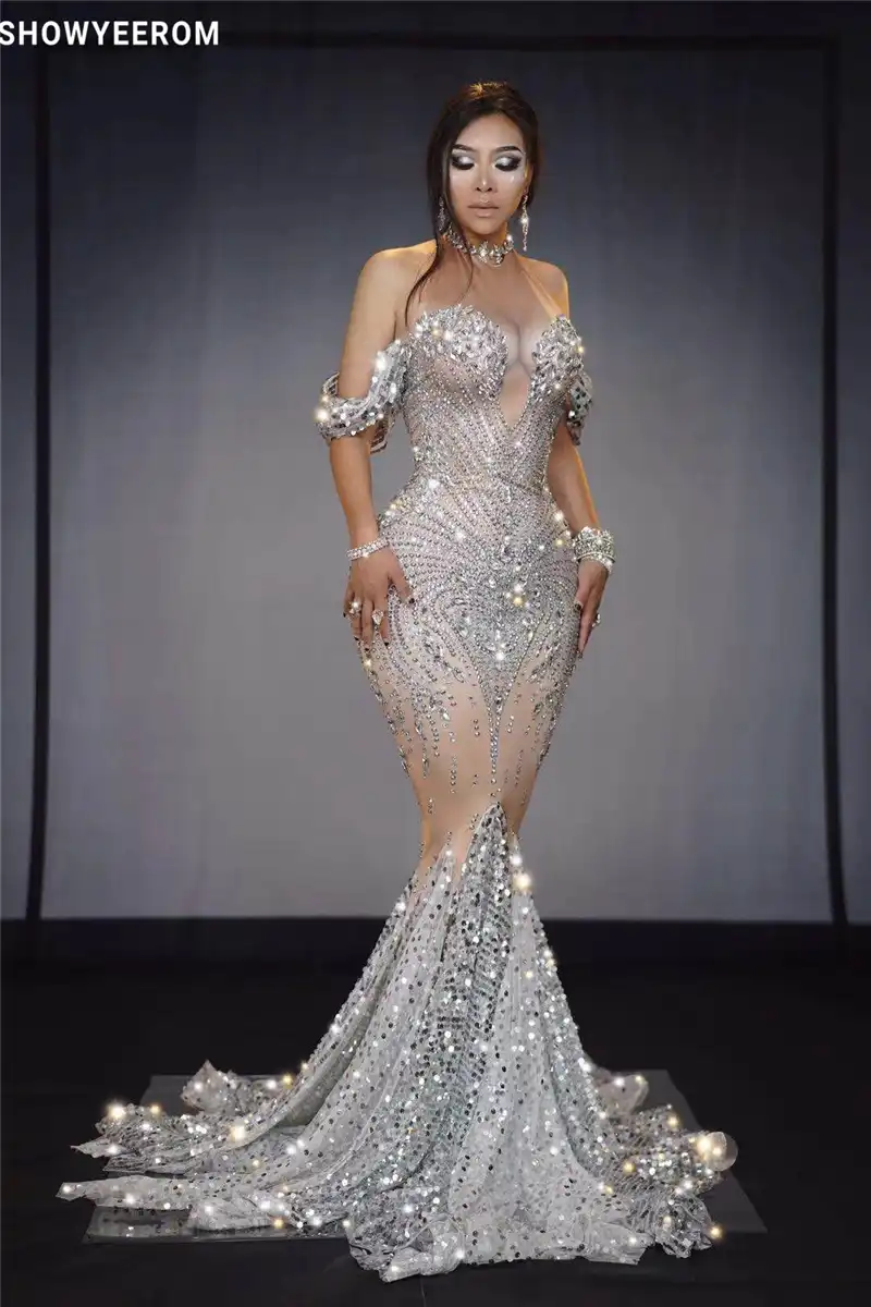 Cristal Imitacion Diamante Elastico Perlas Impresas Vestido De Spandex Para Mujer Fiesta De Cumpleanos Vestido Dj Cantante De Baile Ropa De Noche Discoteca Show Wear Aliexpress