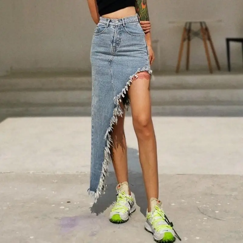 

2020 spring and autumn women's new skirts fashion tassels washed fringe oblique irregular package hip denim skirt
