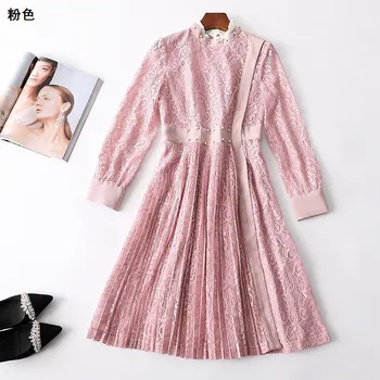 

New 222094 women s spring collar zipper long sleeves and long lace dress