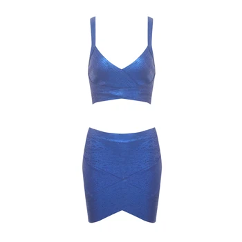 

2019 Hot Sale High Quality Sexy Fashion Women Blue Metallic Night Club Wear 2 Piece Set Bandage