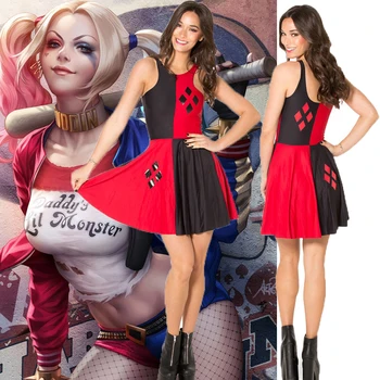 

Suicide Squad Harley Quinn Clown Cosplay Dress Reversible Sleeveless Skater Women Pleated One-Piece Dress Size S-4XL
