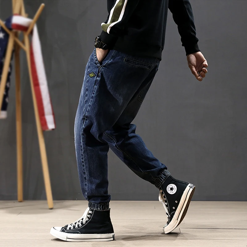 Fashion Streetwear Men Jeans Loose Fit Spliced Designer Cargo Pants Harem Jeans Dark Blue Japanese Hip 4