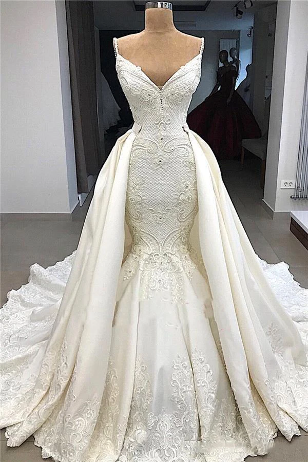 

Gorgeous Mermaid Detachable Train Wedding Dresses 2020 Plus Size Low Backless Spaghetti Straps Appliques 3D Flowers Ruched Vesti