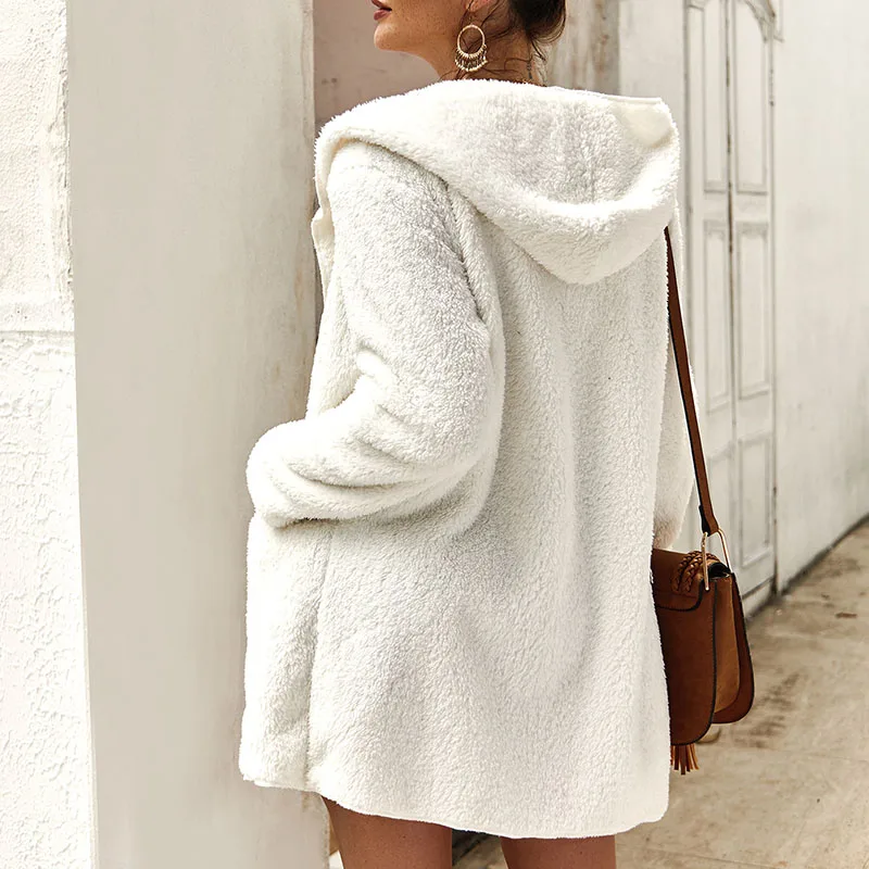 Faux Fur Coat Women Autumn Casual Long Sleeve Soft Teddy Coat Hooded Fleece Jacket with Pockets Outerwear Overcoat Tops