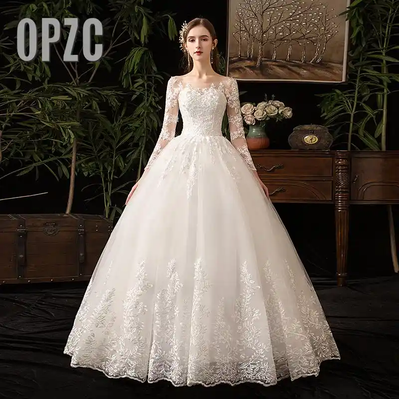 Vestidos De Novia De Manga Larga Bordados Novedad De Otono De Encaje De Lujo Vestido De Novia De Talla Grande Elegante Con Escote En El Suelo D50 Aliexpress