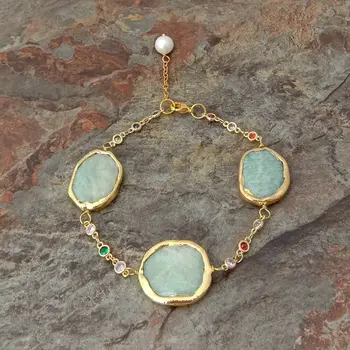 

8'' Yellow Gold Plated Amazonite White Pearl Crystal Chain Bracelet