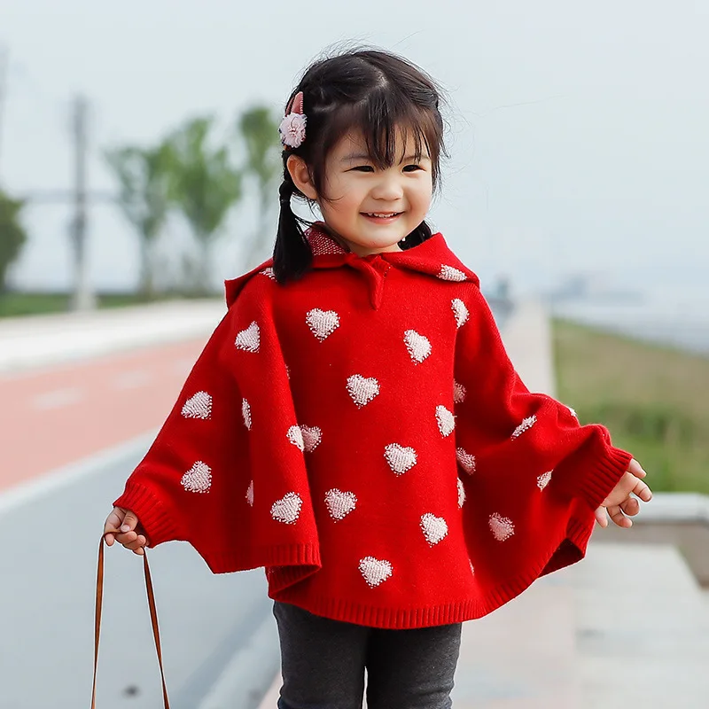 1-4Years Girl Sweater Coat Winter Jacquard Small Love Figure Hooded Cute Girl Knitted Outerwear Kids Warm Cloak Coat