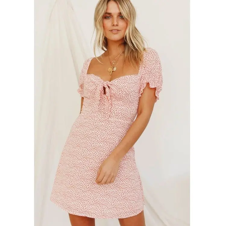 

2020 Spring-Style Pullover V-neck Short Sleeve Chest Knot Slim Dress A- line Skirt WOMEN'S Dress