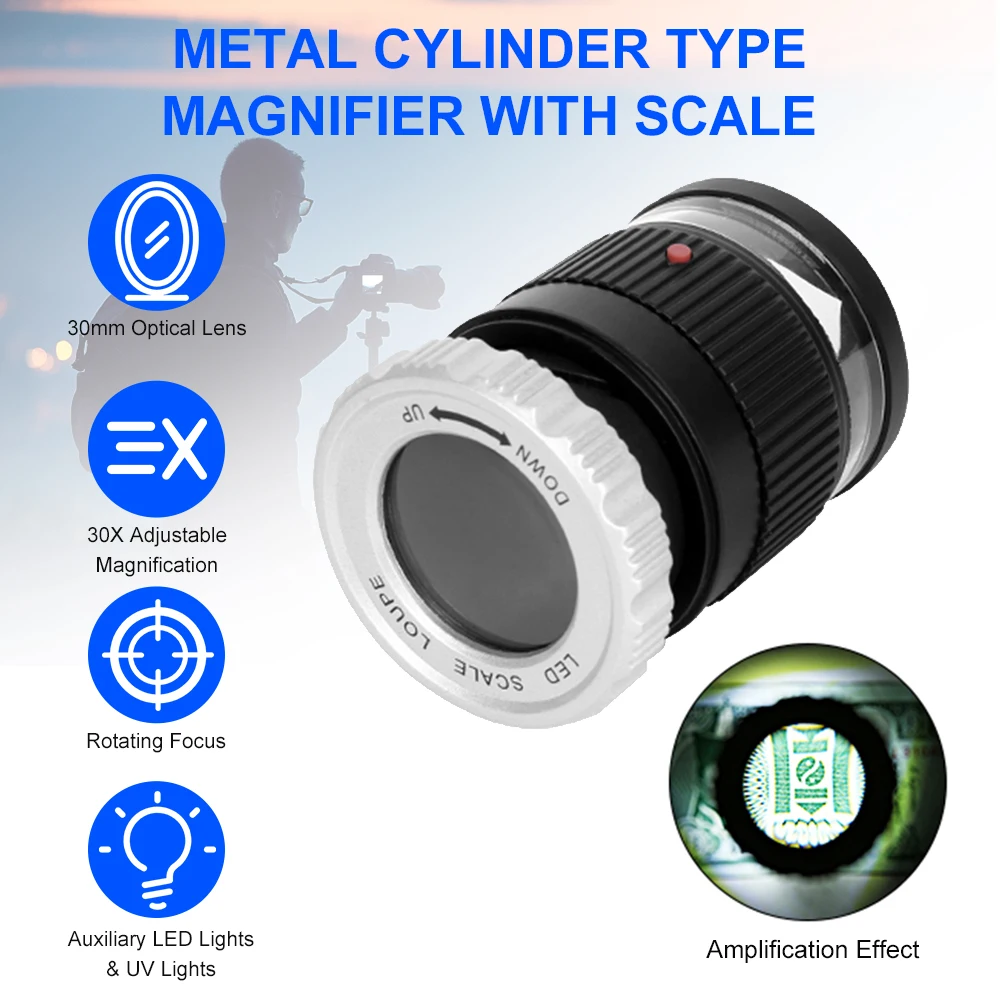 Portable magnifier LED Scale Loupe 30X Adjustable Magnification