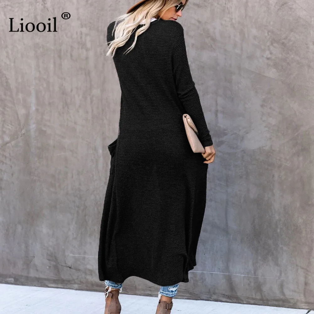 Liooil сексуальные тонкие длинные пальто и куртки женская одежда уличная одежда длинный рукав v-образный вырез черные вечерние пальто кардиган с карманами