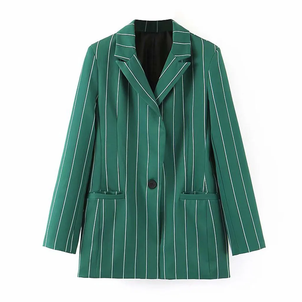 Женское Полосатое пальто, куртка с отложным воротником, куртка на пуговицах, офисная одежда, женская верхняя одежда, женское элегантное пальто с длинным рукавом и карманом#911 - Цвет: Зеленый