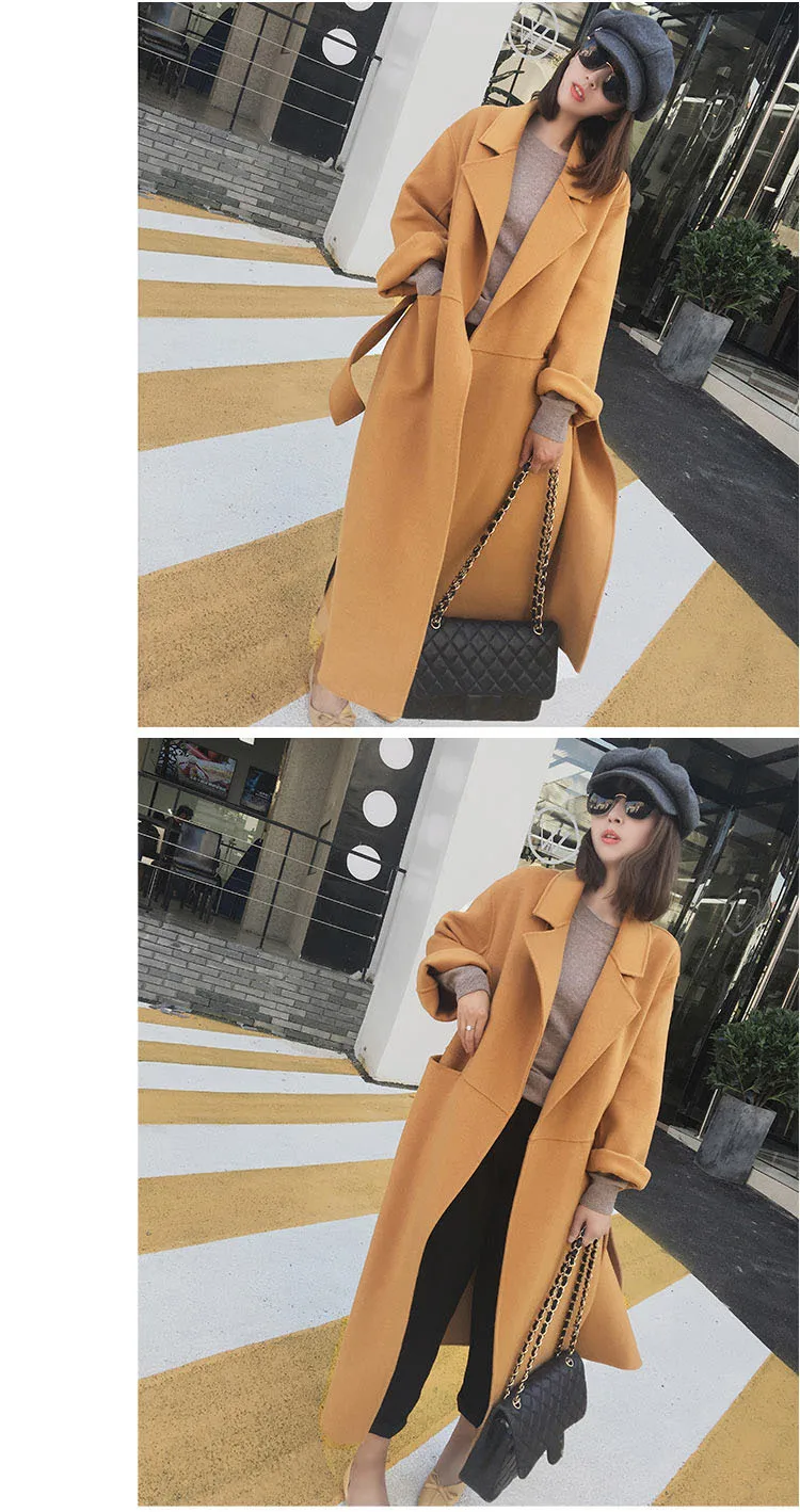 Зимние женские пальто осень и зима светильник куркума шерстяное пальто свободные длинные шерстяные пальто женское