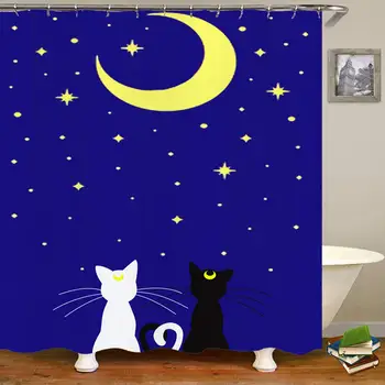 

Cats Decor Waterproof Polyester Shower Curtain,Two Kittens Sat Watching The Star and Moon Under The Blue Sky Happiness and