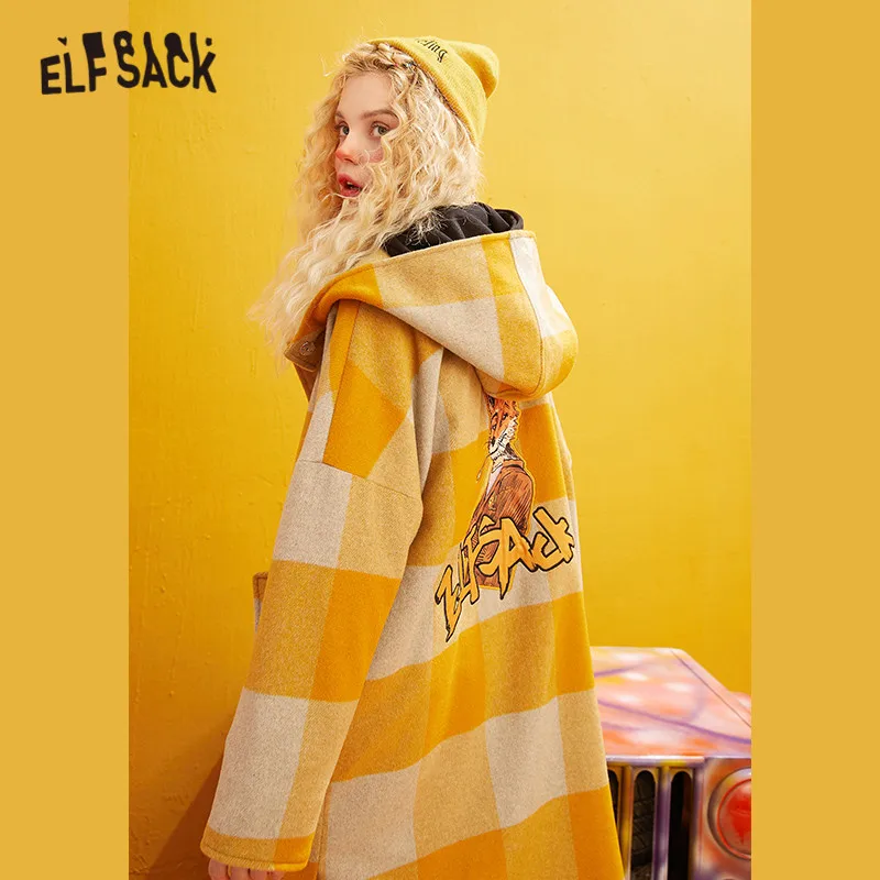 ELFSACK предметов: желтая клетчатая Colorblock(цветовой блок), прямые лиса аппликацией Шерстяные пиджаки Для женщин зимние однобортные секретная кнопка в Корейском стиле верхняя одежда для детей