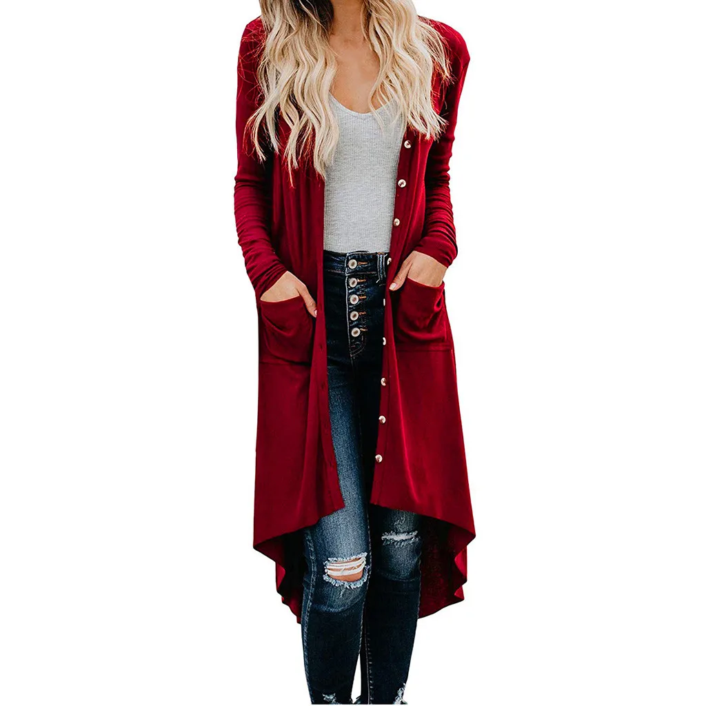 Wine Chaquetas mujer, Женский однотонный вязаный в рубчик кардиган с длинными рукавами и кнопками, верхняя одежда, большие размеры, осенняя женсткая куртка - Цвет: Wine