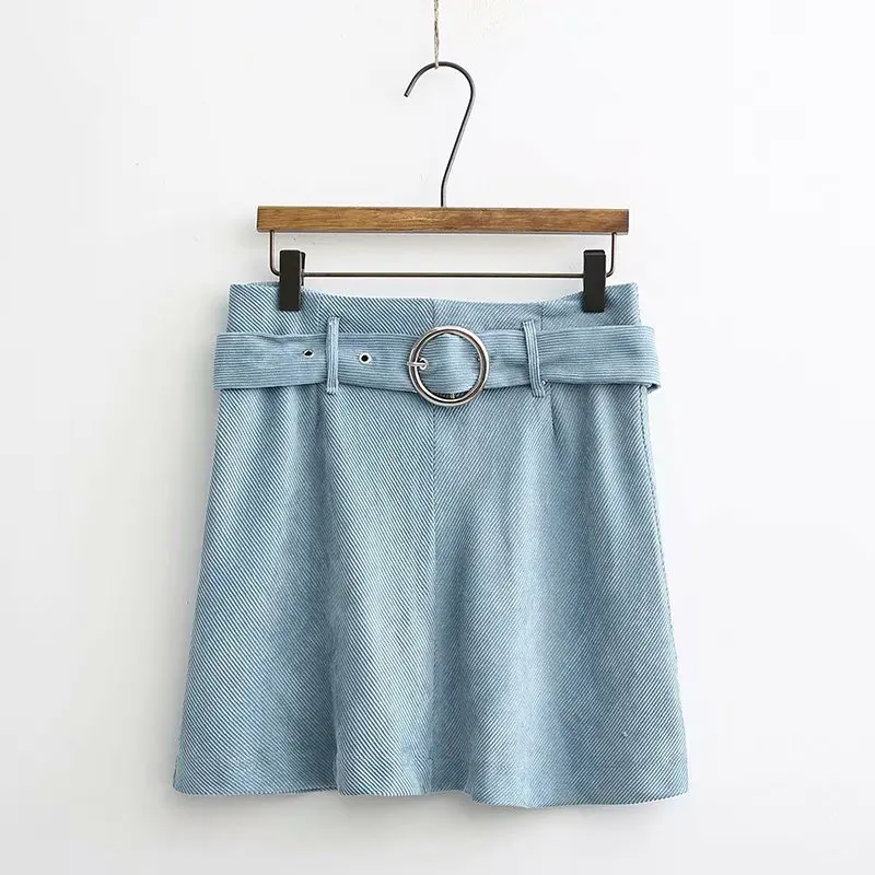 

Europe And America Corduroy Skirt Women's Early Autumn New Style 18 Summer New Style A- line Belt Short Skirt Blue A- line Skirt