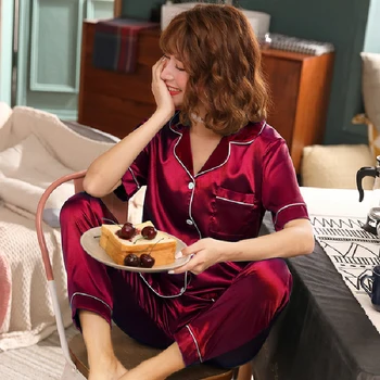 

Elegant Woman New Soft Short Sleeve Long Pants Satin Silk Woman Clothes New Soft Solid Fashion Style Casual Style Girl