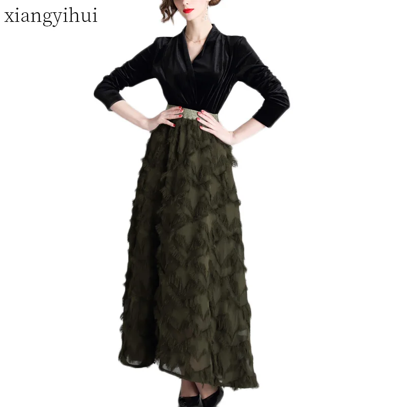 

Party Feather Tassel Long Dresses Vestidos 2019 High Quality Winter Long Sleeve V-neck Temperament Vintage Dress Elegant Clothes