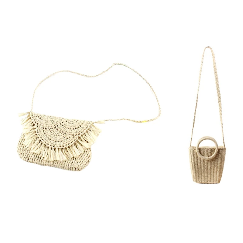 

Small Fresh Hand Woven Bag in Holiday Beach Straw Bag Female Paper Bag(Beige) & Tassel Straw Bag Paper Rope Hook Flower Big Flip