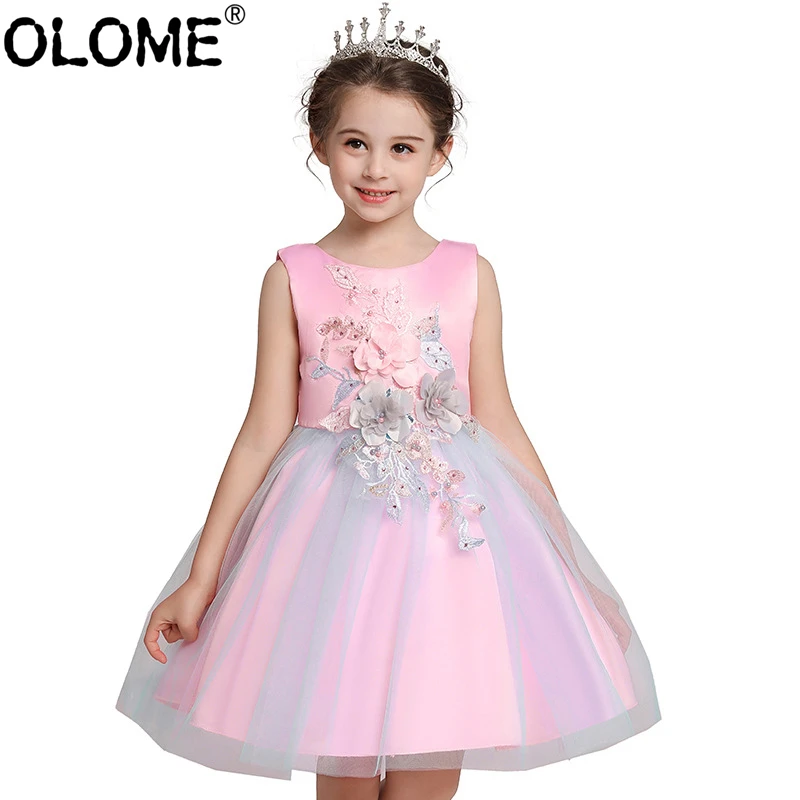 

Flower Child's Party Dress Girls Evening Gown Kids Knee Length Robe 2-8 Years Elegant Dress OLOME New Toddler Girl Summer Dress