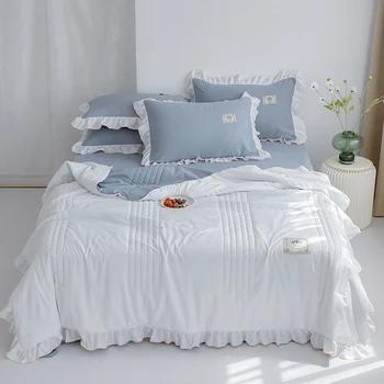 

Colorblock Washed Cotton Soft Quilted Blanket Aircondition Summer Quilt Sheet Pillowcase Patchwork Comforter Bedspread #/