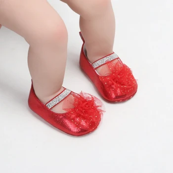

Princess Baby Girl Shoes Bright PU Shoes with Flower Baby Girl Bowknot Soft Autumn Spring Red 0-18M Shoes First Walkers